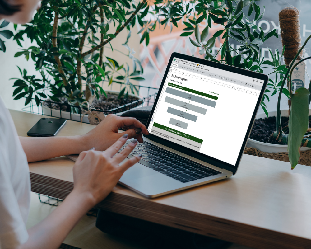 The Funnel Diagnostic spreadsheet open on a laptop beside leafy plants.